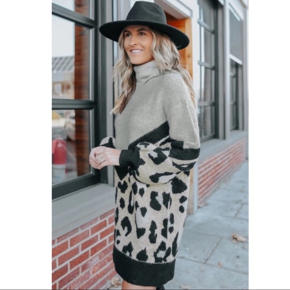 Gray Turtleneck Chevron Leopard Knit Sweater Dress - Picture 2 of 5